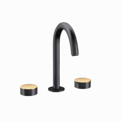 Immagine di Gruppo lavabo 3 fori - Leva: Oro opaco PVD | Corpo: Nero opaco