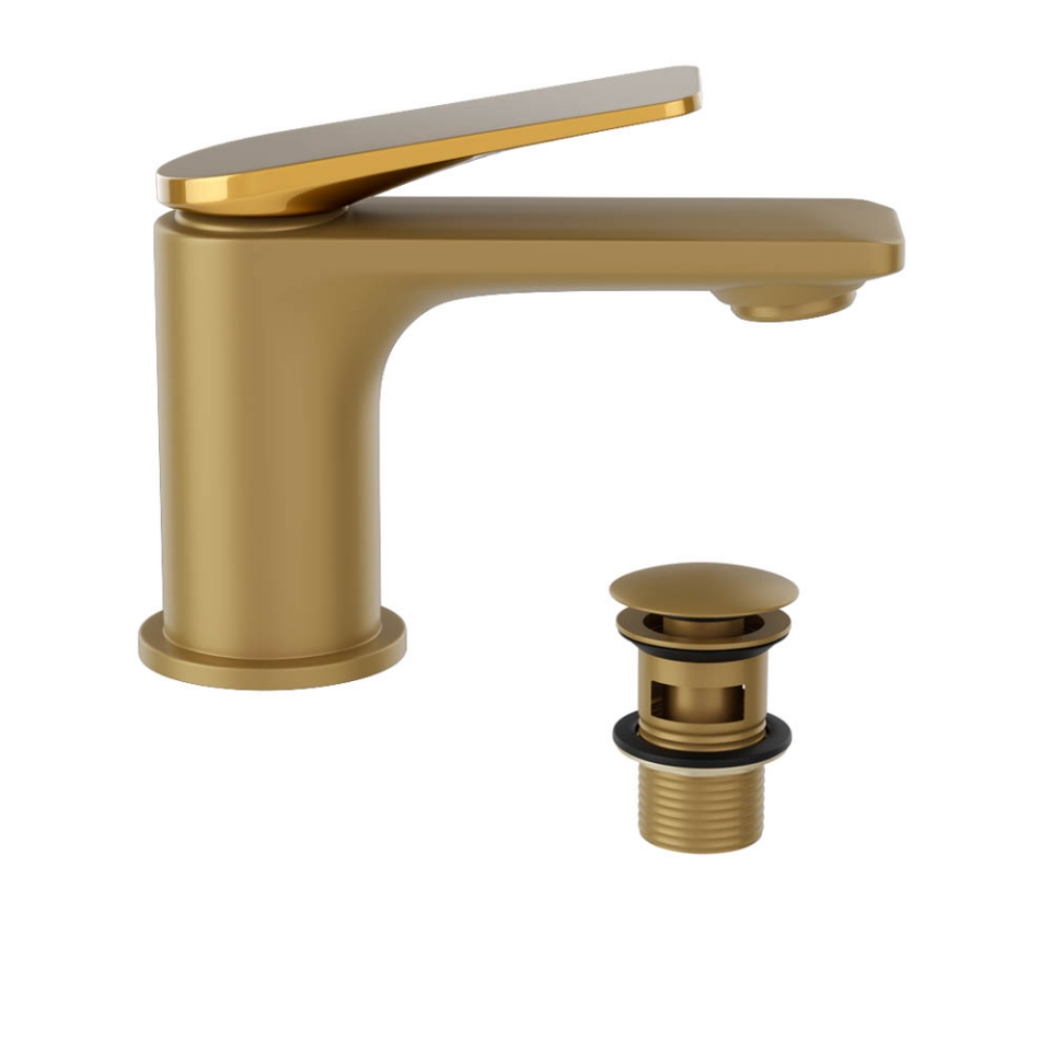 Picture of Miscelatore monocomando per lavabo con piletta click-clack - Leva: Oro lucido PVD | Corpo: Oro opaco PVD