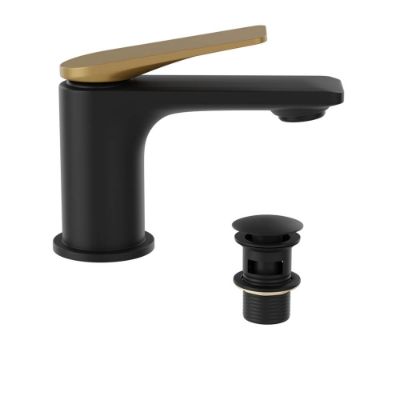 Immagine di Miscelatore monocomando per lavabo con piletta click-clack - Leva: Oro opaco PVD | Corpo: Nero opaco