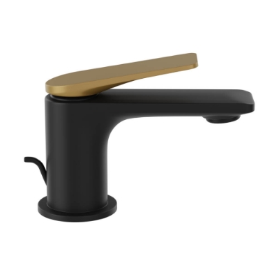 Immagine di Miscelatore monocomando per lavabo con scarico automatico - Leva: Oro opaco PVD | Corpo: Nero opaco